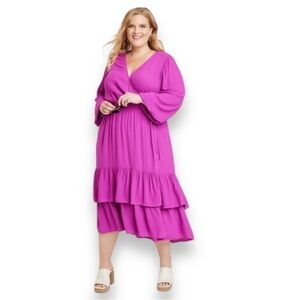 Knox Rose Boho Tiered Ruffle Wrap Front Dress in Magenta, Women’s Size 3X